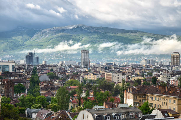Panoramic view over the city with cloudy skies in Sofia, Bulgaria Panoramic view over the city with cloudy skies in Sofia, Bulgaria bulgaria photos stock pictures, royalty-free photos & images