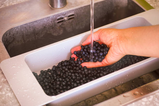 istock Woman hand washing blueberries in kitchen sink 1294877121