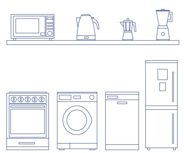 Household Appliances set. Household Appliances set. Blue color. Thin line vector illustration for icon or poster, sale banner design. Isolated on white background. inside microwave stock illustrations