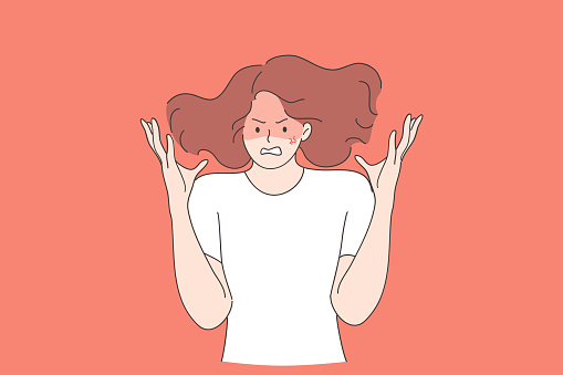 Anger, rage, screaming concept. Young mad crazy teen girl cartoon character gesturing with hands and shouting with anger and negative emotions vector illustration