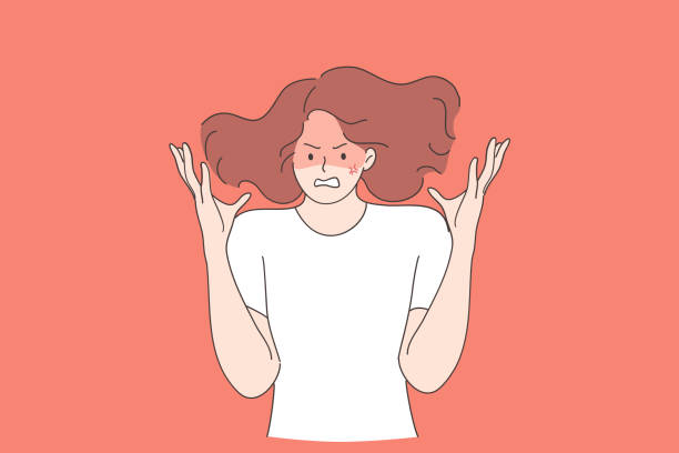 Anger, rage, screaming concept Anger, rage, screaming concept. Young mad crazy teen girl cartoon character gesturing with hands and shouting with anger and negative emotions vector illustration anger stock illustrations