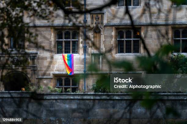 Lgbtqi Flag On Cambridge University Building Stock Photo - Download Image Now - LGBTQIA Rights, Education, University
