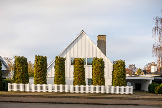 casa uni familiare con cespugli di fronte - denmark house villa detached house foto e immagini stock