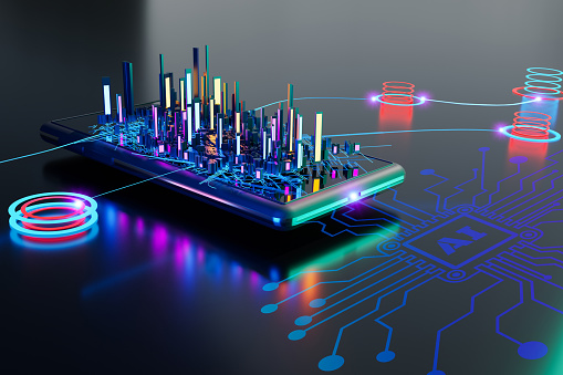 Smart city and Artificial intelligence or AI system controlled technology concept,isometric 3d town on smartphone,with mobile devices,with Augmented reality and AR technology,3d render illustration