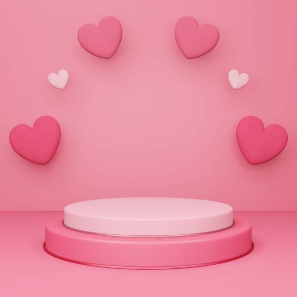 istock Valentine's day, 3d round podium or pedestal with red empty studio room, minimal product background with heart floating, template mock up for display 1294893059