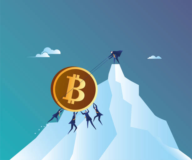 команда стремится подтолкнуть bitcoin на вершину горы - mountain peak vector frost glacier stock illustrations