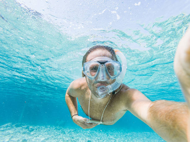 istock Young man takes selfie underwater with snorkelling mask 1294894272