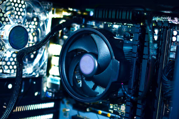 Black fans on the motherboard in the PC and processor
