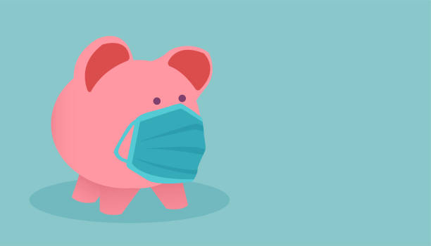 Vector of a piggybank wearing face mask isolated on blue background. Vector of a piggy bank wearing face mask isolated on blue background. budget cuts stock illustrations