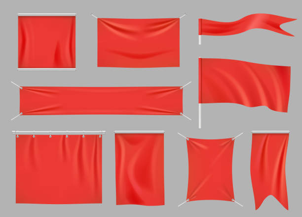 istock Colored fabric banners. Promotional flag decoration empty textile banners clothes texture vector set 1294905599