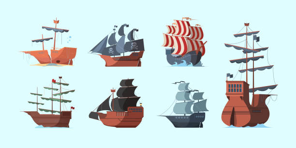 ilustraciones, imágenes clip art, dibujos animados e iconos de stock de barco pirata. antiguos buques marinos pirata dañado barcos con la bandera negra vector establecido - sailing ship shipping beached industrial ship