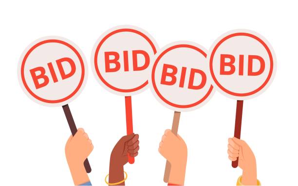 ilustrações de stock, clip art, desenhos animados e ícones de bidding process. auction paddles, flat hand holding plates. finance or business, special offer vector concept - bidder