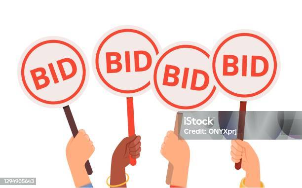 Bidding Process Auction Paddles Flat Hand Holding Plates Finance Or  Business Special Offer Vector Concept Stock Illustration - Download Image  Now - iStock