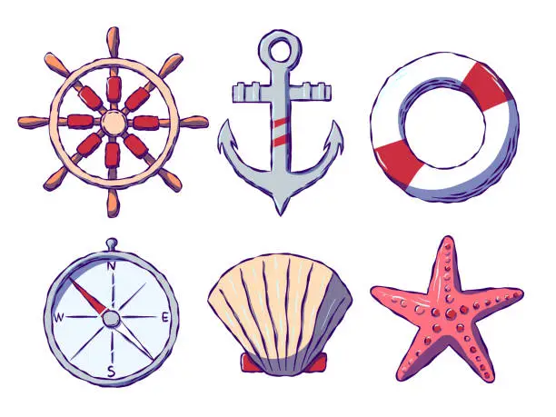 Vector illustration of Hand-drawn set of icons on the marine theme.