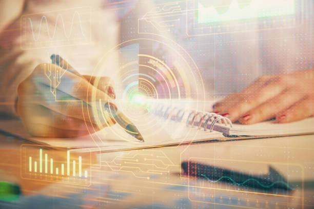 istock Multi exposure of woman's writing hand on background with data technology hologram. Concept of innovation. 1294906060