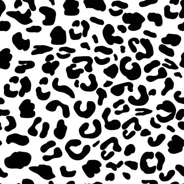 Vector illustration of Leopard print, seamless pattern. Black spots on a white background. Wild animal imitation, cheetah or leopard skin. Vector illustration, feline monochrome ethnic pattern design. Simple drawing