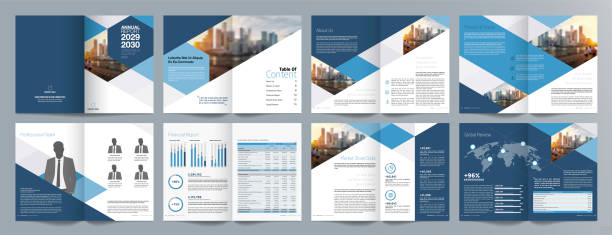 Annual report 16 page 165 Corporate business presentation guide brochure template, Annual report, 16 page minimalist flat geometric business brochure design template, A4 size. presentation templates stock illustrations