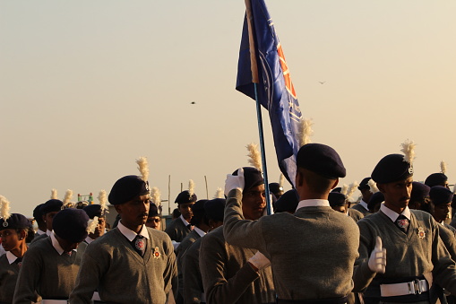 Chennai, Tamilnadu / India - January 01 2020 : indian scouts or school students ready for parading at chennai marina beach on occasion of India Republic Day