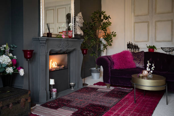 istock Living room with dark walls and authentic fireplace 1294912698