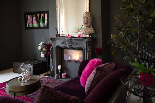 istock Living room with dark walls and authentic fireplace 1294912815