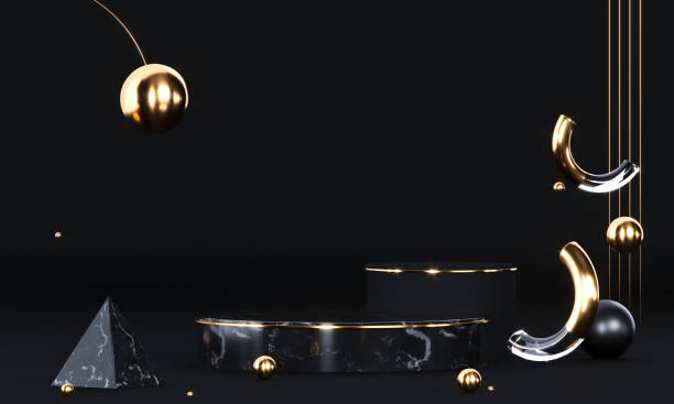 istock Round podium with geometric shapes and gold elements. Abstract blank pedestal, display platform. 3d rendering 1294915171