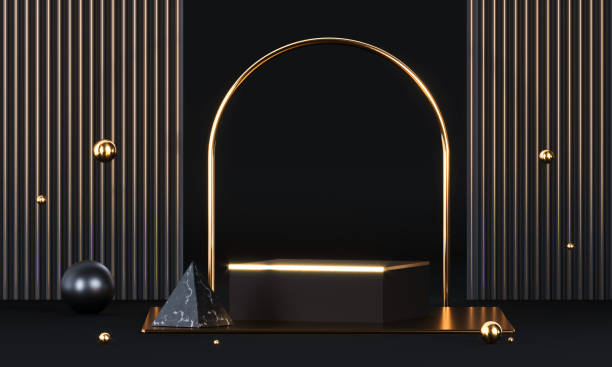 istock Round podium with geometric shapes and gold elements. Abstract blank pedestal, display platform. 3d rendering 1294915176