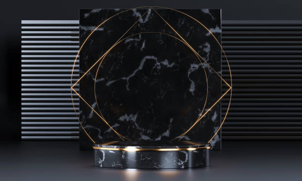 istock Round podium with geometric shapes and gold elements. Abstract blank pedestal, display platform. 3d rendering 1294915178