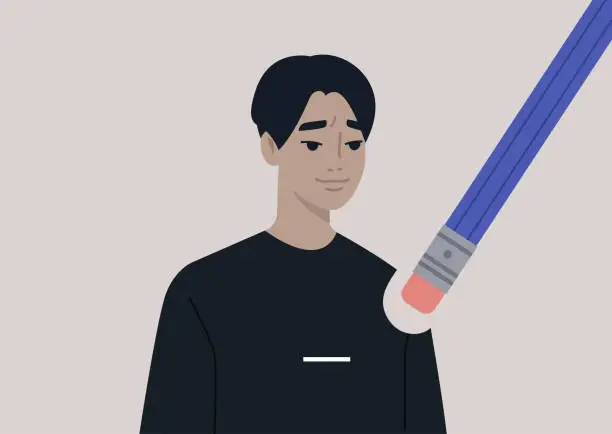 Vector illustration of The young male Asian character being erased by modern cancel culture, online social norms, the process of forgetting the ex-partner