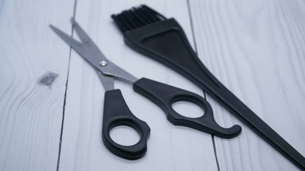 istock Hairdresser tools - scissors and coloring brush 1294916658