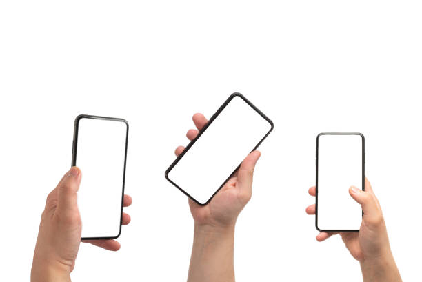 istock Smart phone in man hand isolated on white background.  White screen. 1294918206