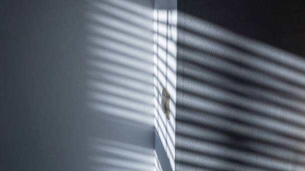 istock Shadows on wall. Abstract light, black shadow overlay from window on white texture wall. Sunlight architecture background. For product presentation, backdrop and mockup, summer seasonal concept. 1294919757