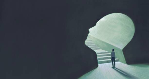 sukses berharap ambisi dan konsep mimpi. karya seni surealis. pengusaha dengan tangga di gerbang, ilustrasi latar belakang bisnis. lukisan - kontemplasi ilustrasi stok