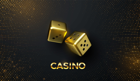 Golden dices on black background with golden glitters. Vector realistic 3d illustration. Casino or gambling concept. Game sign. Shiny cubes.
