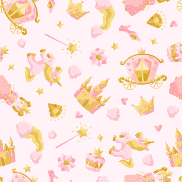 illustrations, cliparts, dessins animés et icônes de princess party articles modèle sans couture. - star shape diamond gold pattern