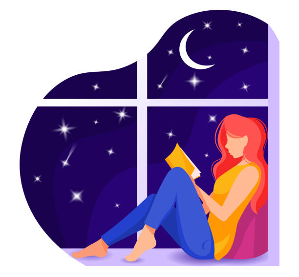 여자는 창턱에 앉아 책을 읽는다. 달��과 별 배경과 밤 하늘. 독서, 개념 공부. - moon women crescent teenage girls stock illustrations