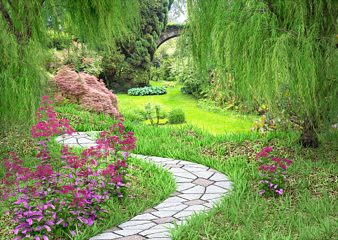 Tiled garden path on the lawn in the magic forest 3d rendering