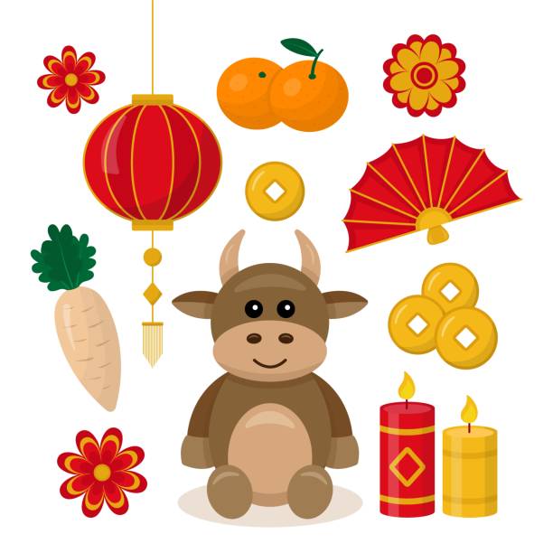 Chinese New Year Vector Illustration Set: Fan, Bull, Candle, Lantern, Mandarin, Radish, Flower, Coins. Chinese New Year Vector Illustration Set: Fan, Bull, Candle, Lantern, Mandarin, Radish, Flower, Coins.
Isolated Elements on White Background. mandarin chinese new year stock illustrations