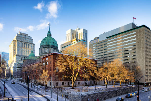 Elevated view of Montreal Marie reine du monde cathedral with surrounding buildings at sunset Elevated view of Montreal Marie reine du monde cathedral with surrounding buildings at sunset on a warm late December day. mary queen of the world cathedral stock pictures, royalty-free photos & images