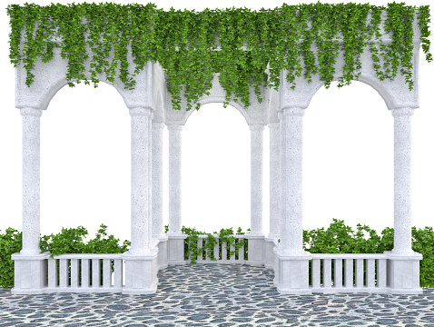 Arched colonnade with a balustrade entwined with ivy on a white background 3d rendering