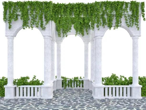 Photo of Arched colonnade with a balustrade entwined with ivy on a white background 3d rendering