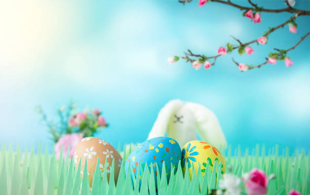 istock Easter bunny with decorated eggs on fresh grass outdoors. Copy space. Banner and greeting card by Easter 1294930445