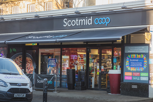 Edinburgh, Scotland - January 6 2021: The Scotmid Co-op location at Raeburn Place in Stockbridge, Edinburgh. Scotmid is Scotland's largest independent co-operative.