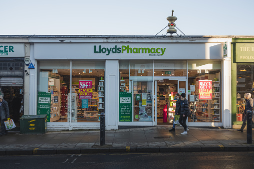 Edinburgh, Scotland - January 6 2021: The Lloyds Pharmacy location in Stockbridge, Edinburgh. Lloyds is a large UK pharmacy chain.