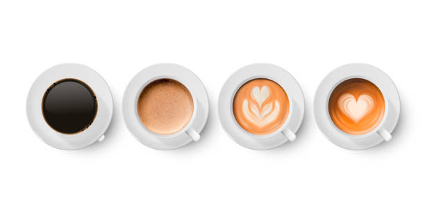 istock Vector 3d Realistic Ceramic Porclean White Coffee Mug, Cup, Saucer, Milk Coffee, Foam Set Isolated. Espresso, Capuccino, Latte. Flower, Heart Pattern. Vector Illustration. Design Template. Top View 1294934294