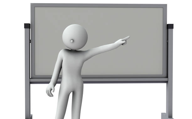 A lecturer who explains in front of the whiteboard. White background. 3D rendering.