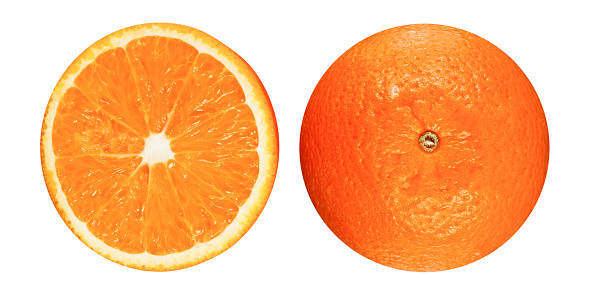 Perfectly retouched orange with half slice isolated on white background