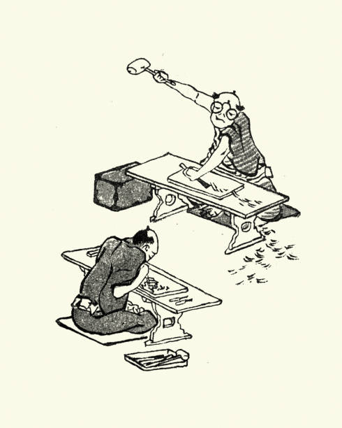 japońskie drukowanie drewna, rzeźbienie drewna - woodblock printing stock illustrations