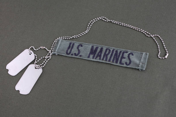 istock U.S. MARINES Branch Tape with dog tags on olive drab uniform 1294943551