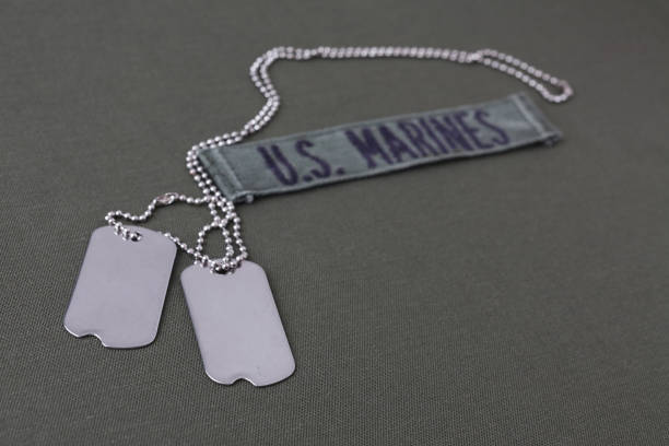 U.S. MARINES Branch Tape with dog tags on olive drab uniform background