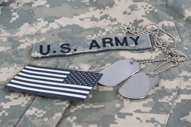 US flag patch with dog tags on camouflage Army Combat Uniform background